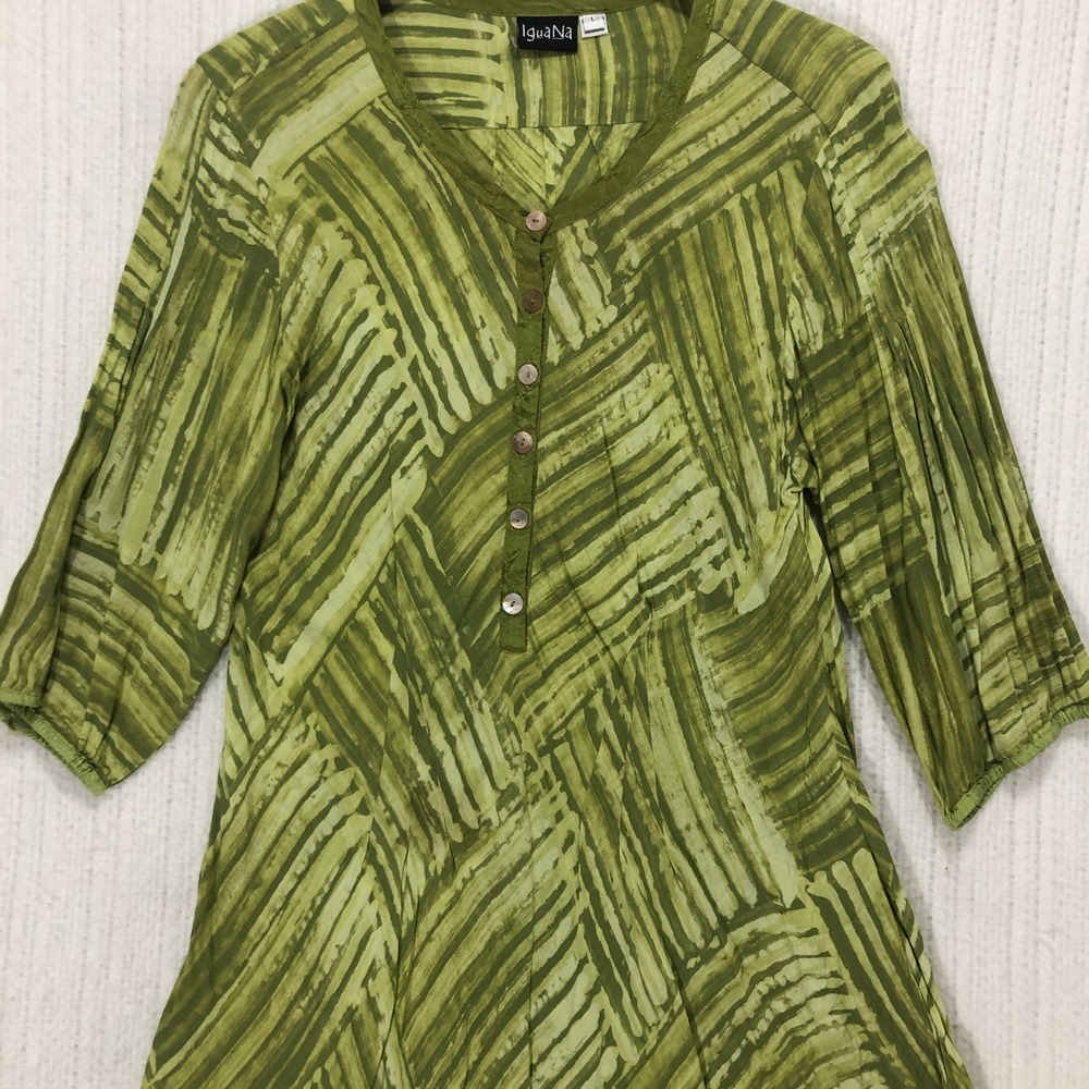Iguana‎ Green Abstract Batik Print Tunic Top V-Neck 3/4 Sleeve Size L